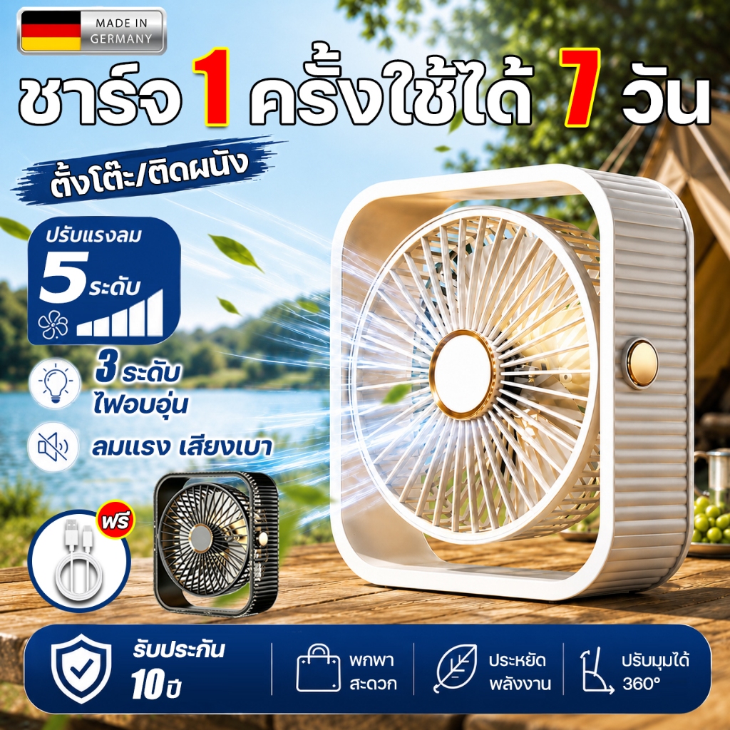 🧊พัดลมตั้งโต๊ะ พัดลมแคมป์ปิ้ง โหมดคู่ตั้งโต๊ะ/ติดผนัง ลมแรง5ระดับ แสงไฟ3ระดับ ทํางานเงียบ พัดลมพกพา Desktop Fan