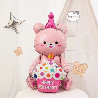 กรุงเทพจัดส่ง ลูกโป่งหมีตุ๊กตา หมีสีชมพู ถือคัพเค้ก หมียกเค้กวันเกิด ตกแต่งปาร์ตี้เด็ก