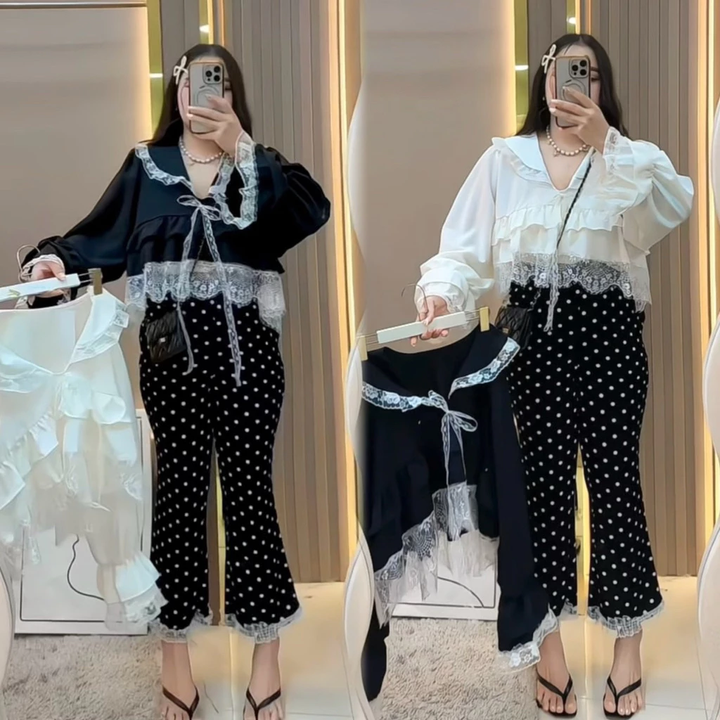🧡SETเสื้อเชิ้ตอลังปลายลูกไม้(ท2)+กางเกงจุด(ว7)(มีแยกเสื้อกับยกเซ็ต)🧡#สาวอวบ