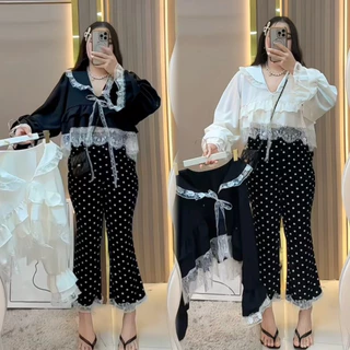 🧡SETเสื้อเชิ้ตอลังปลายลูกไม้(ท2)+กางเกงจุด(ว7)(มีแยกเสื้อกับยกเซ็ต)🧡#สาวอวบ