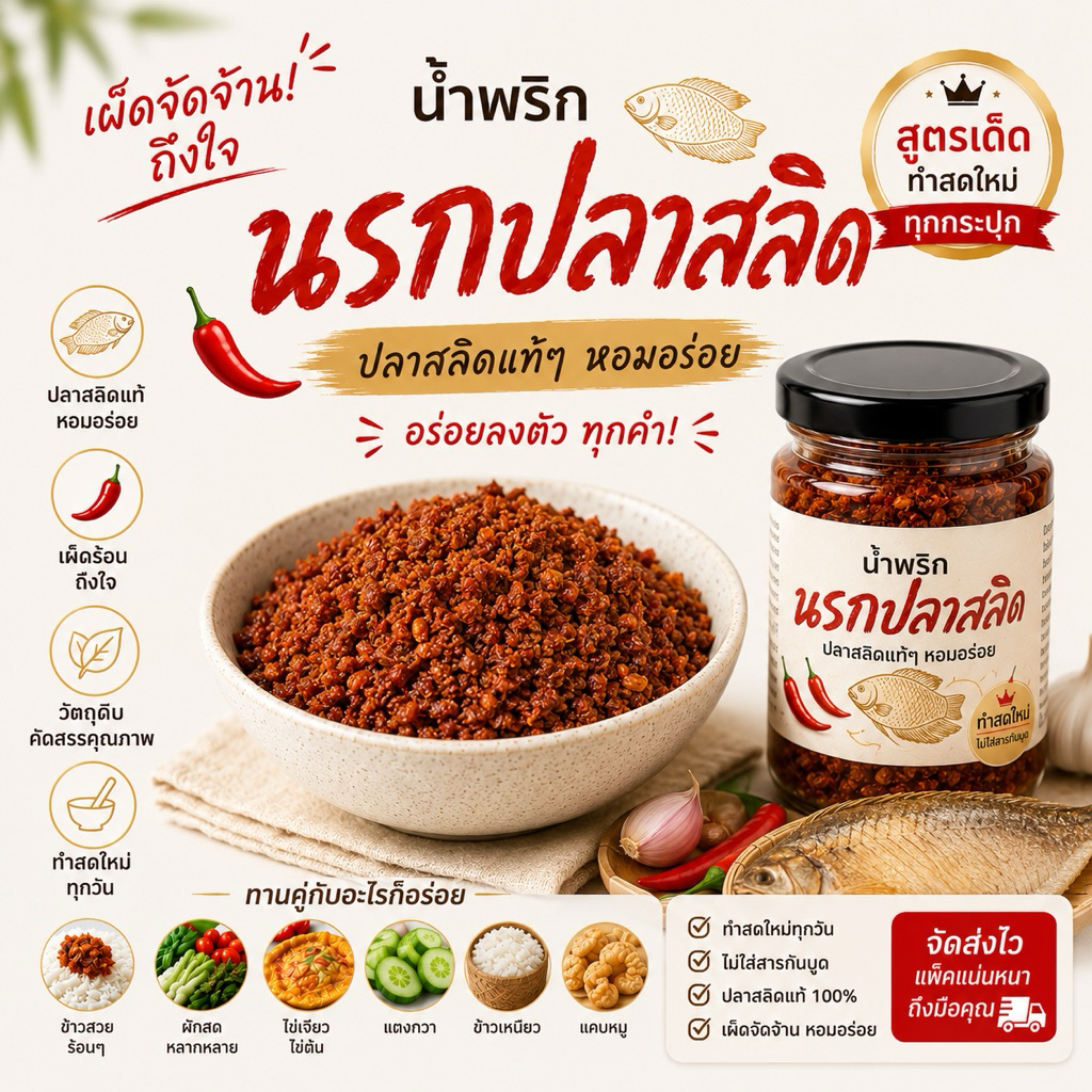 น้ำพริกนรกปลาสลิด 180 กรัม  เผ็ดจัดจ้านถึงเครื่อง หอมปลาสลิดแท้ๆ ยิ่งทานยิ่งติดใจ