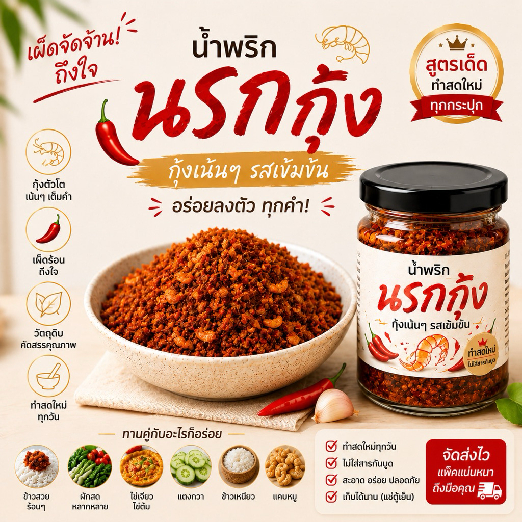น้ำพริกนรกกุ้ง 180 กรัม น้ำพริกไทยรสจัดจ้านผสมผสานความหอมของกุ้งแห้งกับพริกแห้งคั่ว