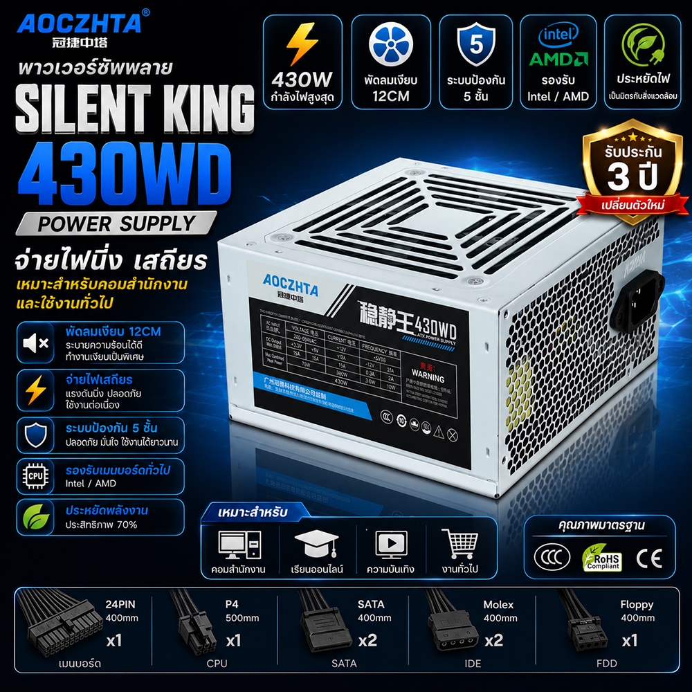 AOCZHTA Silent King 430WD พาวเวอร์ซัพพลาย 430W PSU พัดลมเงียบ 12CM สำหรับคอมสำนักงาน คอมบ้าน รองรับ Intel AMD จ่ายไฟเสถี