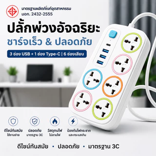 ✨รับประกัน 2 ปี✨ปลั๊กไฟ มีUSB 2300W รางปลั๊กไฟ ปลั๊กอเนกประสงค์ หัวชาร์จUSB