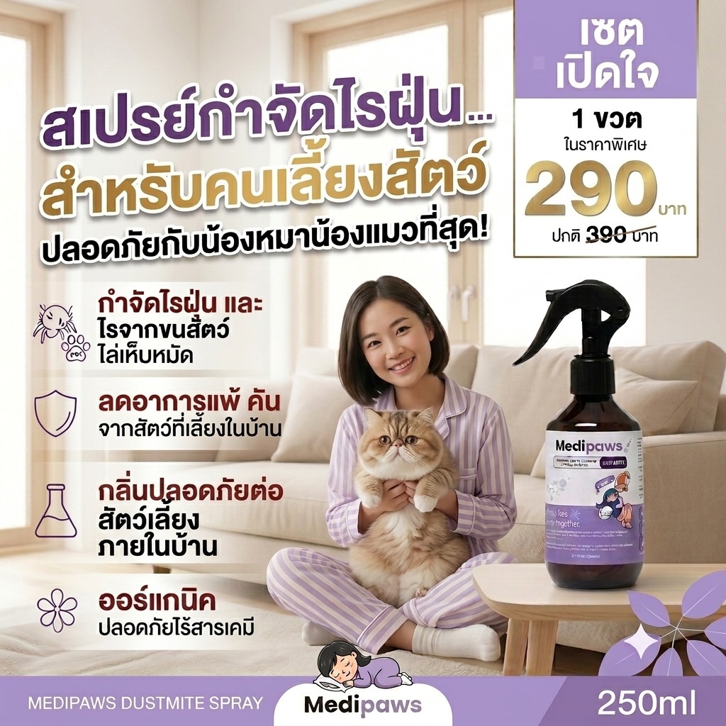 1 ขวด สเปรย์กำจัดไรฝุ่น Medipaws สำหรับคนเลี้ยงสัตว์ กำจัดไรขนสัตว์ เห็บหมัด หมดปัญหาแพ้คัน สูตรออร์แกนิค ไร้สารตกค้าง