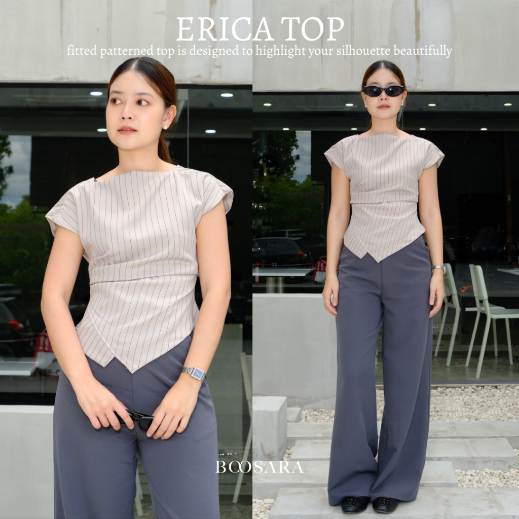 BOOSARA : Erica Top (เอริก้า) **ไม่ชอบพอดีตัวบวกไซร์เพิ่ม ** เสื้อคอชิดแขนล้ำลายริ้วใส่ไปทำงานหรือไปเที่ยวก็เอาอยู่