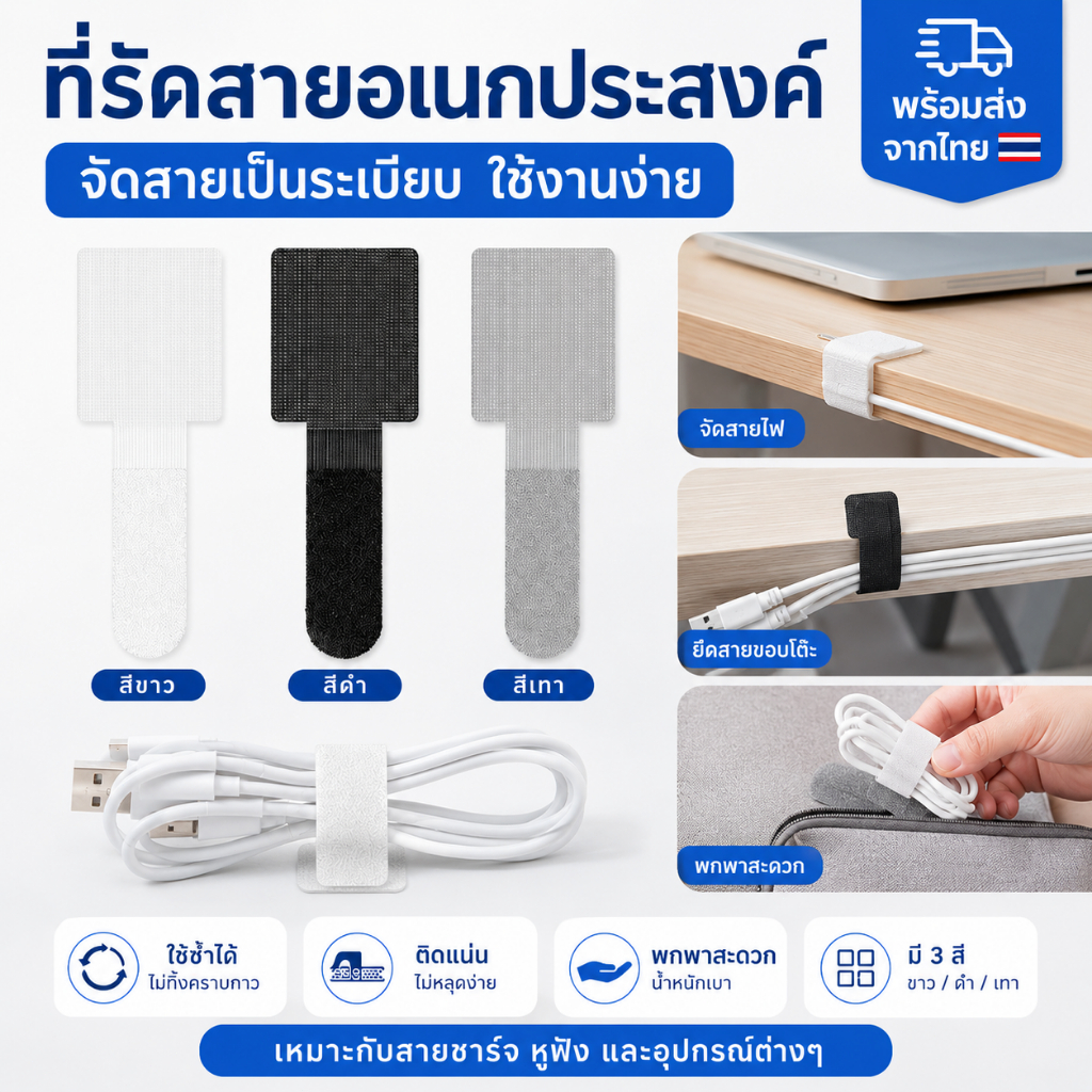 เทปยึดสายไฟอินเทรนด์ ไม่ต้องเจาะรู สำหรับสายชาร์จ สายหูฟัง