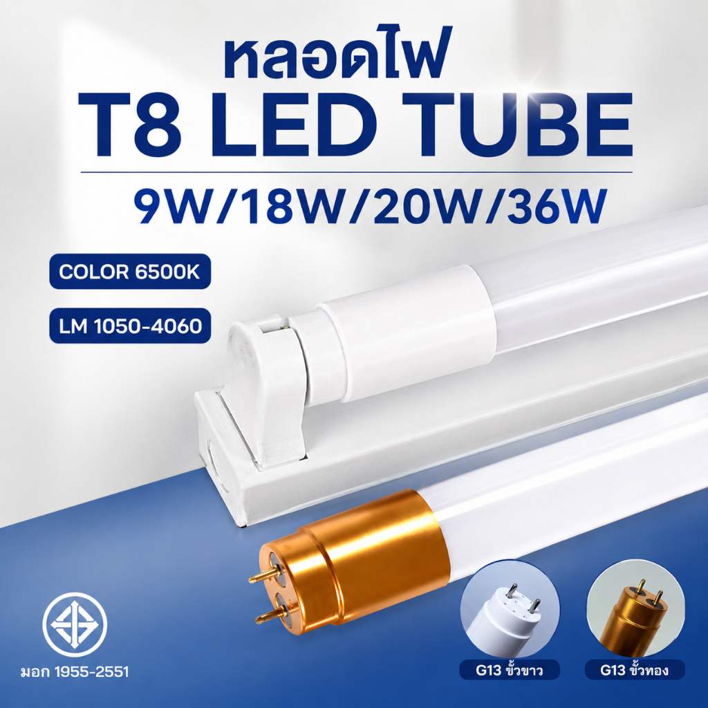 หลอดไฟนีออน LED T8 9W 18W 20W 36W ขั้วขาว ขั้วทอง แสงขาว ยาว 60 ซม. 120 ซม. ใช้ไฟเข้า 2 ด้าน AC220V