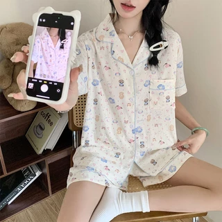 ชุดนอนลายสุนัขน่ารัก เซ็ต 2 ชิ้น เสื้อสั้นกางเกงสั้น สไตล์สาวหวาน ผ้าคลาวด์คอตตอนนุ่มละมุนผิวใส่สบาย เหมาะฤดูร้อน มีไซส์