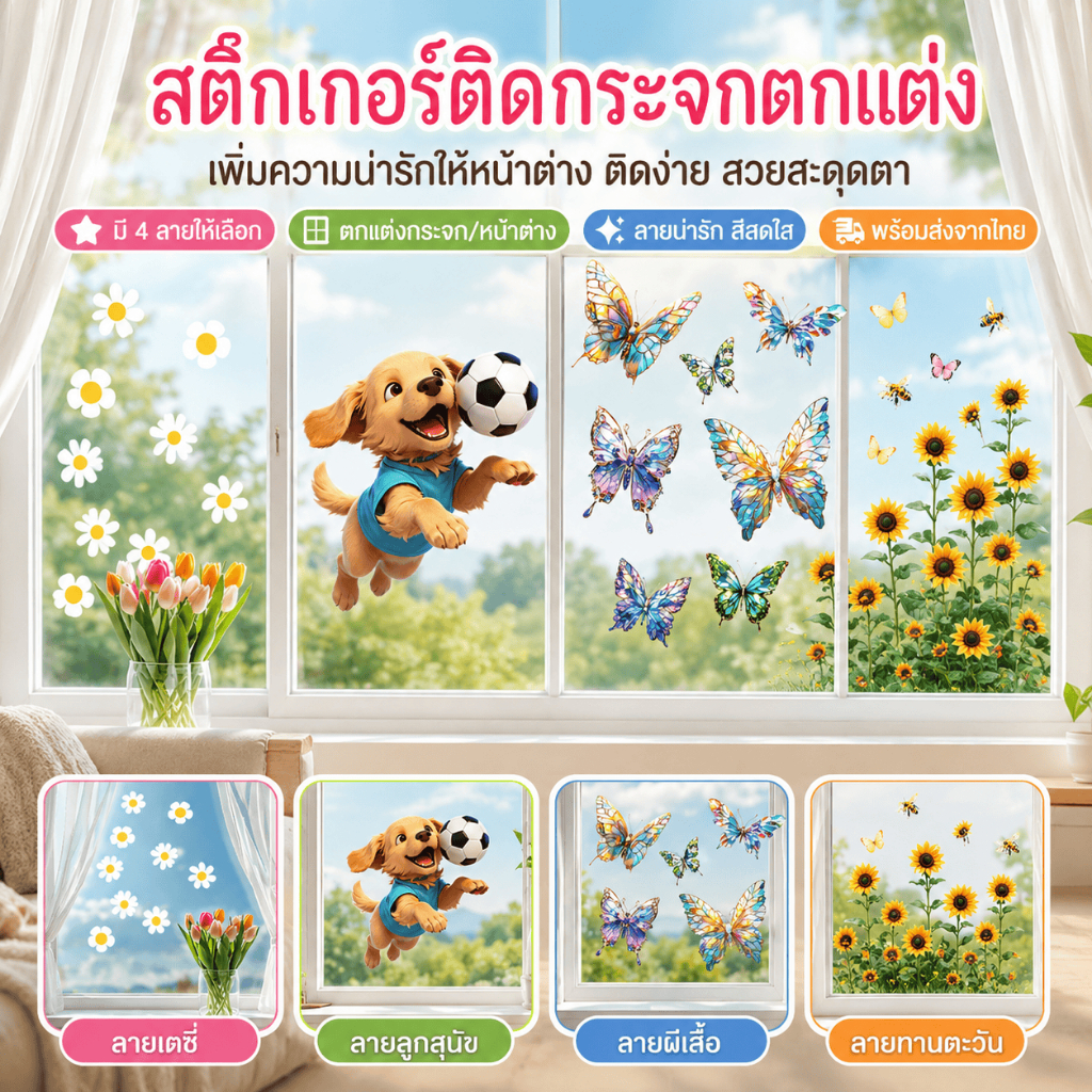 [จัดส่งในไทย] 30*30สติ๊กเกอร์กระจกลายดอกเดซี่เล็กและทานตะวัน ไม่มีกาว ถอดออกได้ ตกแต่งหน้าต่าง