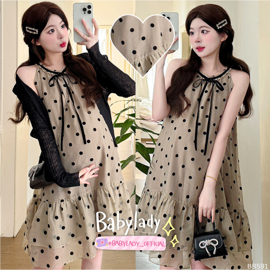 [BB 591] ชุดคลุมท้อง | BABYLADY ♡ - เซ็ตเดรส+คาร์ดิแกน ชีฟองลายจุด มีซับใน