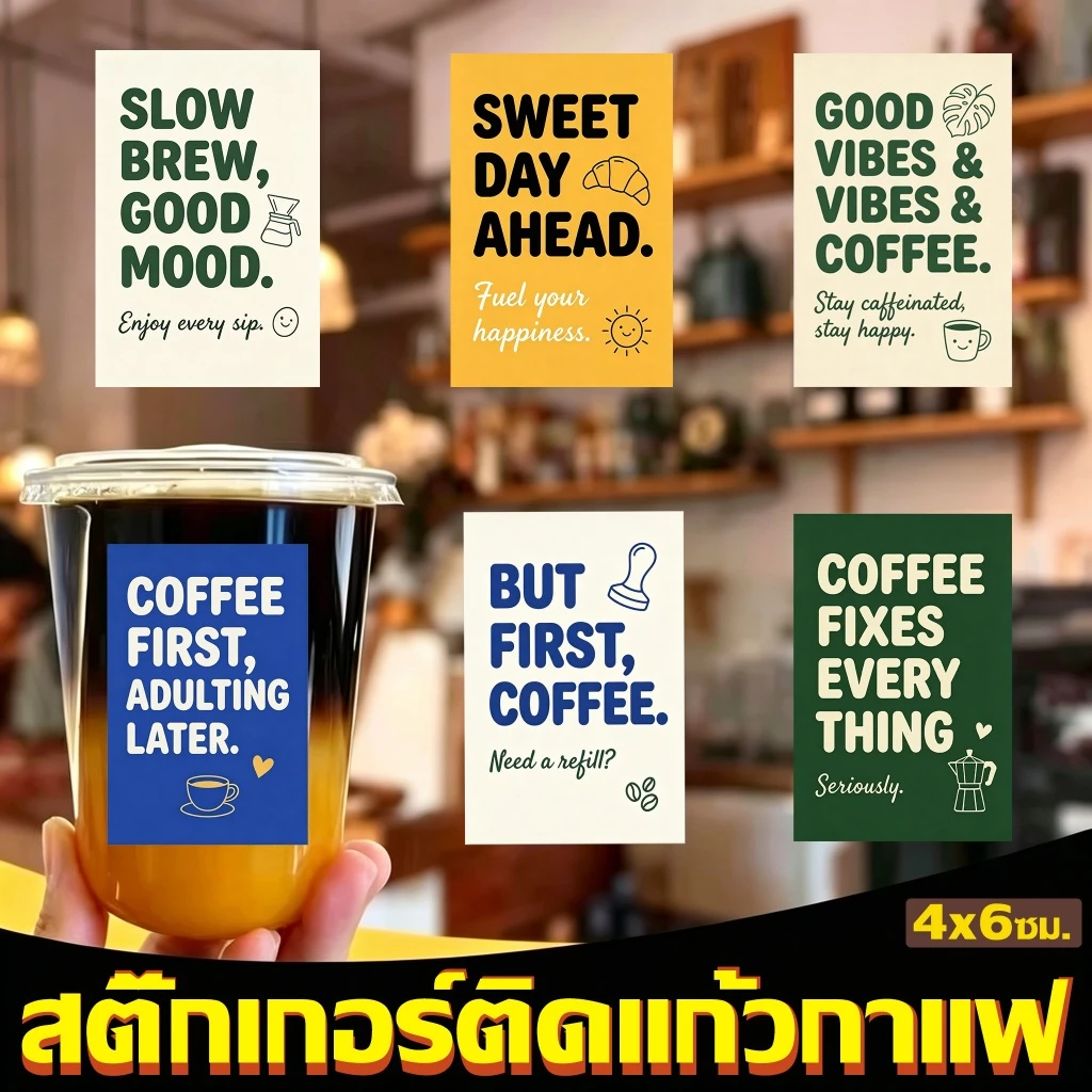 (พร้อมส่ง!) 360ดวง 🧃 สติ๊กเกอร์ติดแก้วกาแฟ สติ๊กเกอร์ ฉลากสินค้า PP กันน้ำ100% 4×6cm M.1 ฉลากสินค้าสำเร็จรูป Sticker