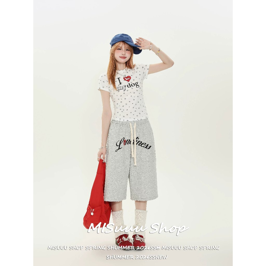 [Misuuu-Camouflage Seven-point Pants]กางเกงขาสามส่วนขากว้างเอวยางยืดลายพิมพ์ตัวอักษรลายพรางวินเทจอเมริกัน