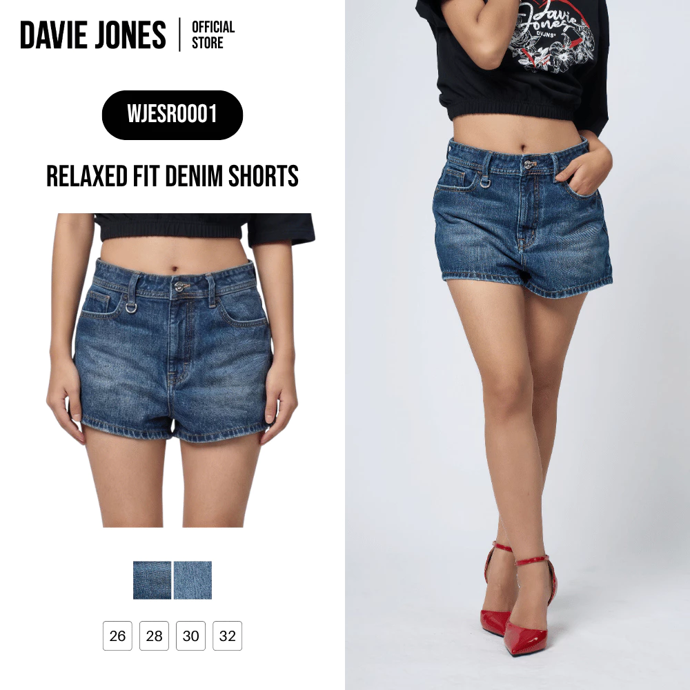 DAVIE JONES WOMEN [BE FEARLESS] กางเกงยีนส์ขาสั้นผู้หญิง Relax Fit Denim Shorts สีกรม ฟ้า SR0001