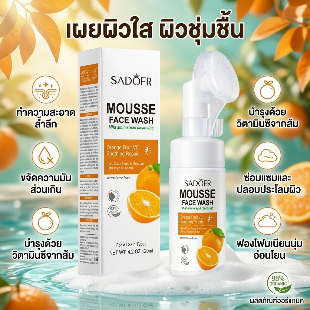 โฟมล้างหน้าวิตามินซีส้ม 1 แถม 1 ผลิตภัณฑ์ทำความสะอาดใบหน้า มาพร้อมหัวซิลิโคน