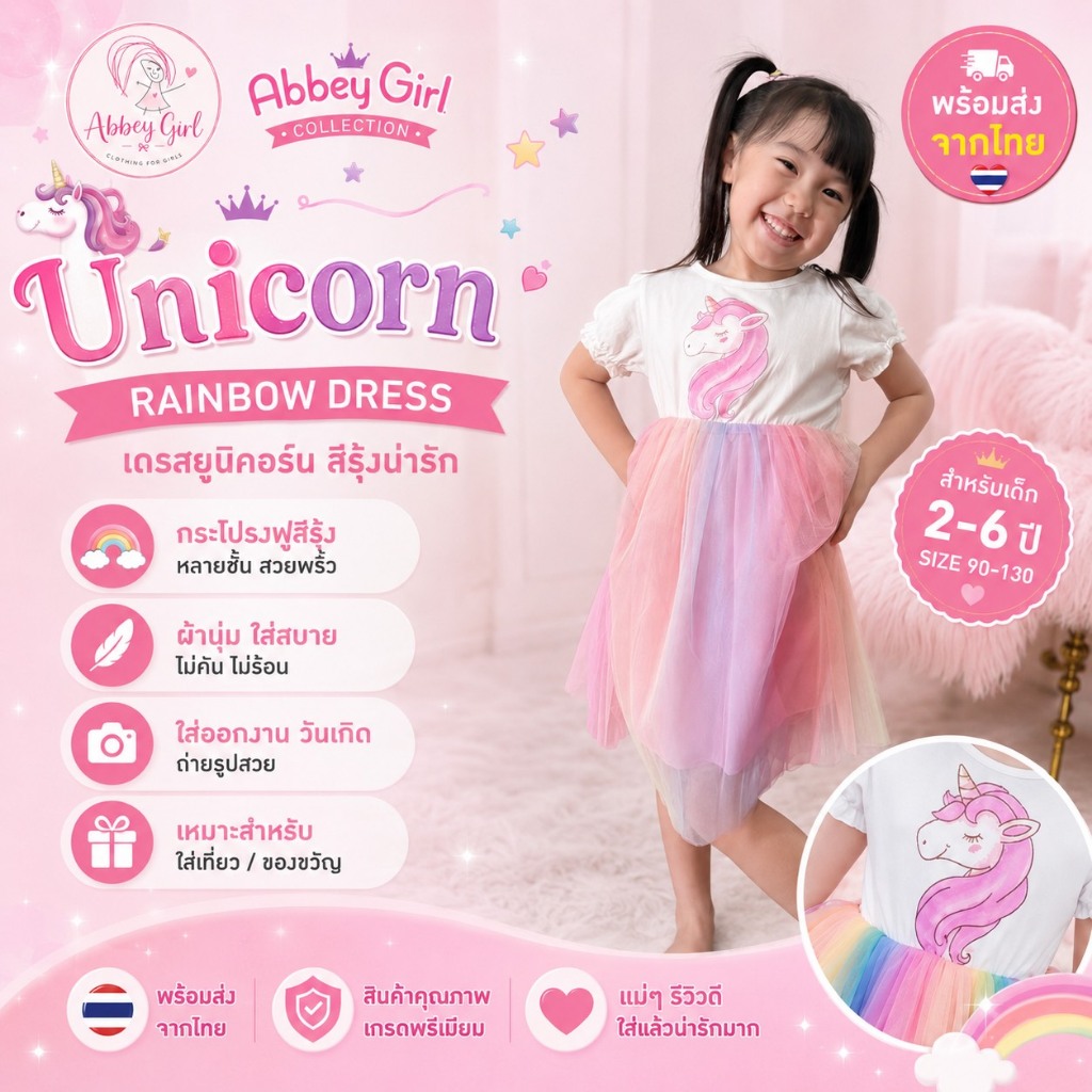 เดรสยูนิคอร์น เด็กผู้หญิง 2-6 ปี  ชุดเจ้าหญิงสีรุ้ง กระโปรงฟู พร้อมส่งจากไทย