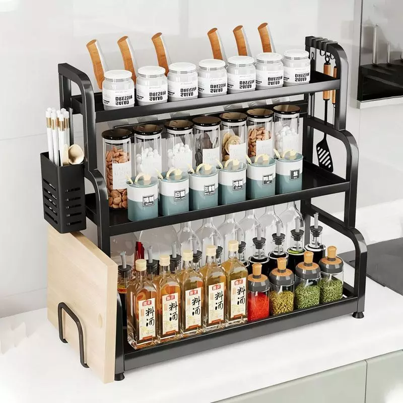 ชั้นวางจัดเก็บเครื่องปรุงรัวเคาน์เตอร์ เคลือบสีกันคราบมัน ทำความสะอาดแค่เช็ดผ้า มีตะขอหลายช่องวางตะหลิว ทัพพี รองรับขวดใ