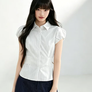 เสื้อเชิ้ตแขนสั้น แขนพอง สายรัดทรงรัดเอว ลายทางบาง สไตล์เกาหลี ใส่ได้ทุกชุด