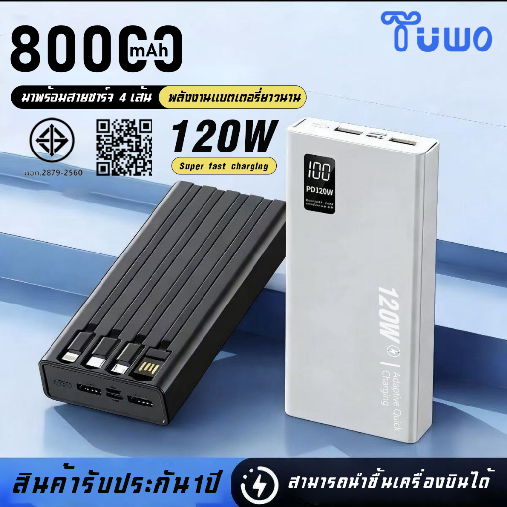 TUWO รุ่นใหม่ล่าสุด 120W Power bank 80000mAhพาวเวอร์แบงค์ Mini แบตสำรอง 80000mah ของแท้ Type-C/L Output แบตสำรองความจุ