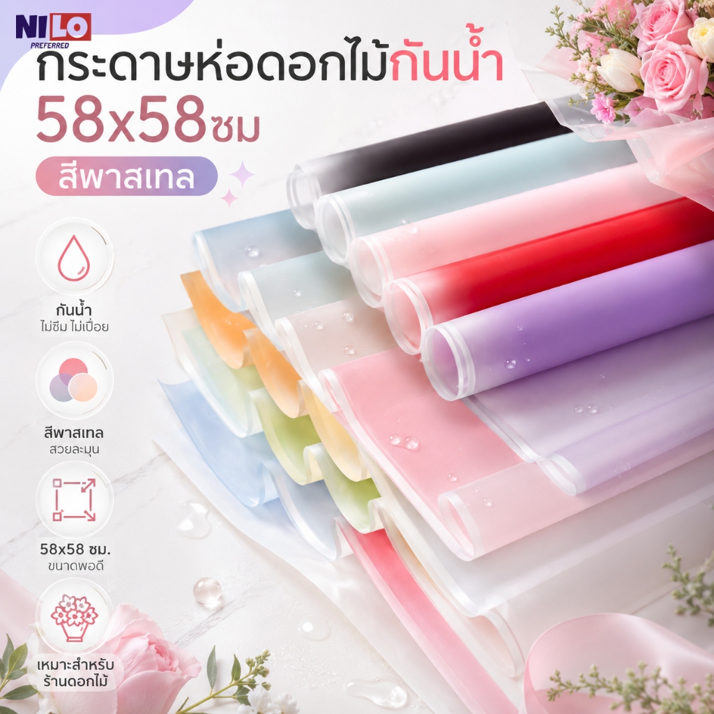 กระดาษห่อดอกไม้กันน้ำ 58x58 ซม. สีพาสเทล แผ่นฟิล์มห่อช่อดอกไม้ สำหรับจัดดอกไม้และห่อของขวัญ