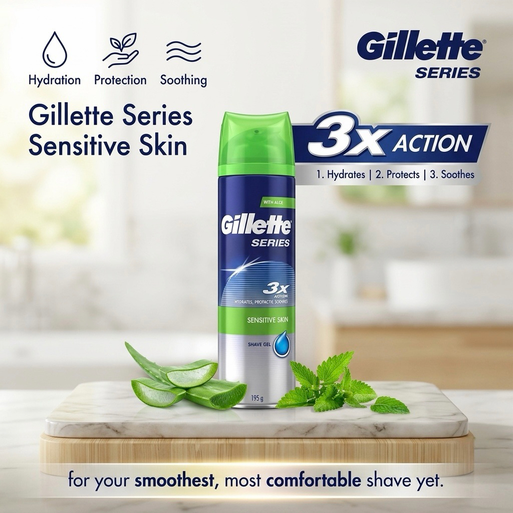 [สินค้าใหม่]Gillette Series Sensitive Skin Shave Gel เจลโกนหนวด ยิลเลตต์ ซีรีส์ สำหรับผิวแพ้ง่าย ขนาด 195 กรัม