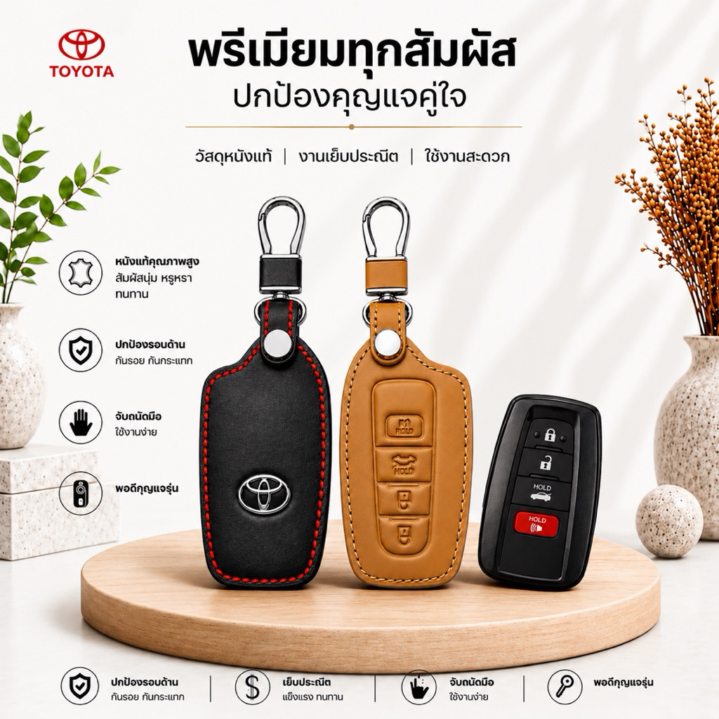 ซองหนังแท้ ใส่กุญแจรีโมทรถยนต์ รุ่นหนังนิ่ม โลโก้เหล็ก Toyota Fortuner‎/Camry Minor Change,Altis,Corolla Cross Smart Key