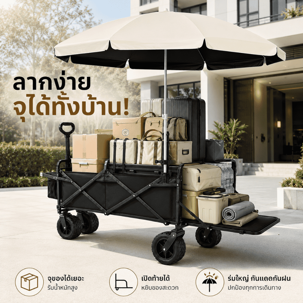 2026 NWE รถเข็นแคมป์ปิ้งพับได้ รับน้ำหนักสูงสุด 500kg รถลากอเนกประสงค์ เหมาะสำหรับแคมป์ปิ้ง ตลาด ขนของ ย้ายบ้าน