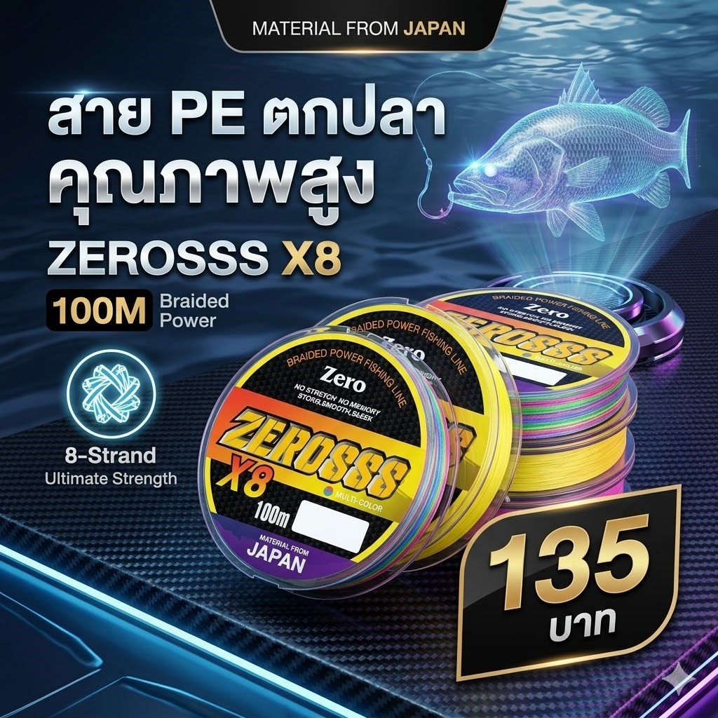 สาย PE ZERO888 ถัก 8 สีรุ้ง  ความยาว 100 เมตร เหนียวนุ่มไม่ขาดง่าย