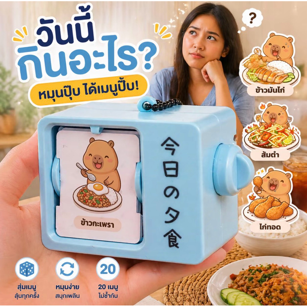 พวงกุญแจ "วันนิกินอะ โรดิ?" เครื่องสุ่ม มนแบบพลิกการ์ตูน ลายคาปิบารา สีฟ้าพาสเทล