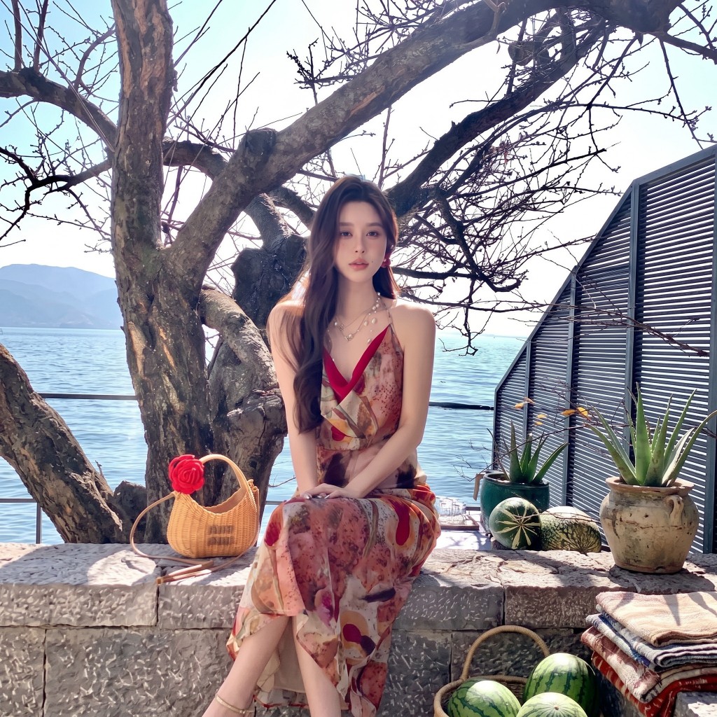 เดรสคอวีไล่สีส้มแดงสไตล์ฝรั่งเศส ผ้าชีฟองยาว ทรงรัดเอวเพรียว โดดเด่นสะดุดตา เหมาะถ่ายรูปพระอาทิตย์ตกชายหาดและคาเฟ่ทองหล่