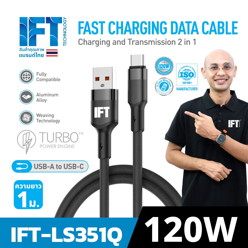 IFT 240W สายถักชาร์จด่วน IFT 240W TYPE-C to TYPE-C เชื่อมต่อข้อมูลได้ งานพรีเมี่ยม