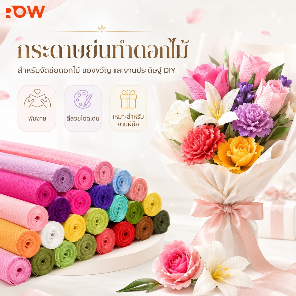 กระดาษย่นทำดอกไม้ 250x50 ซม. กระดาษเครปม้วน DIY สีสดใส สำหรับงานประดิษฐ์ จัดช่อดอกไม้ ตกแต่งของขวัญ