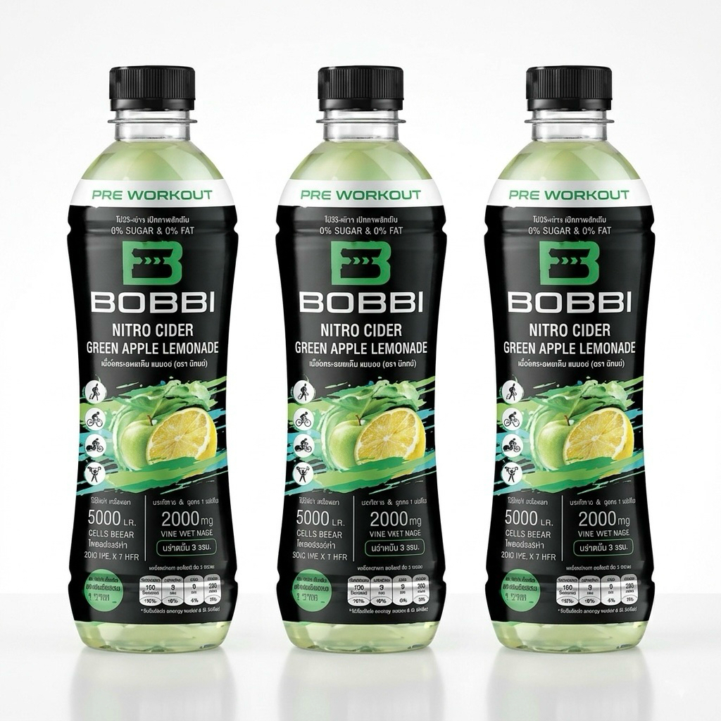 [3 ขวด] Bobbi Pre workout เครื่องดื่ม ไซเดอร์ กลิ่น กรีนแอปเปิ้ล เลมอน บ๊อบบี้ 500มล กินก่อนออกกำลังกาย