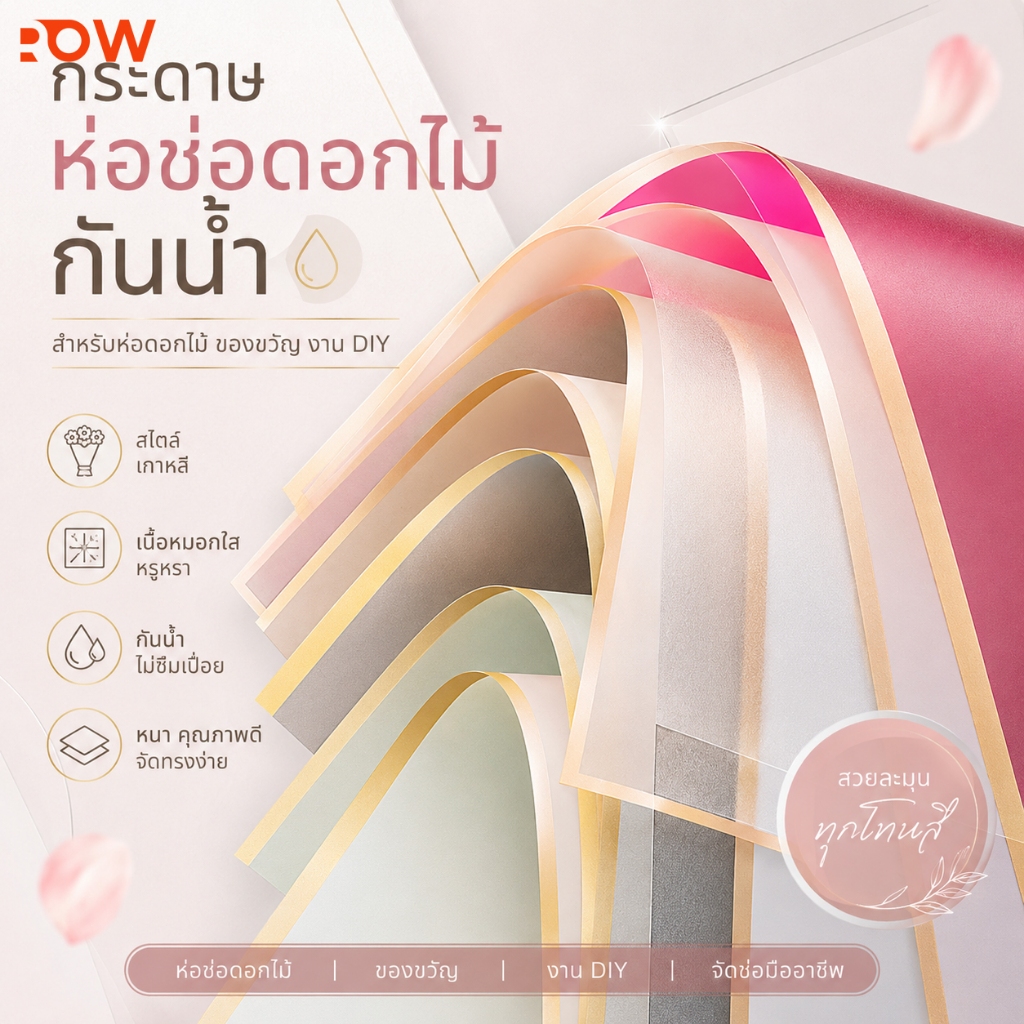 กระดาษห่อดอกไม้แบบหมอกใส กันน้ำ สไตล์เกาหลี ขอบทองพรีเมียม 58x58 ซม. สำหรับห่อดอกไม้ ของขวัญ DIY