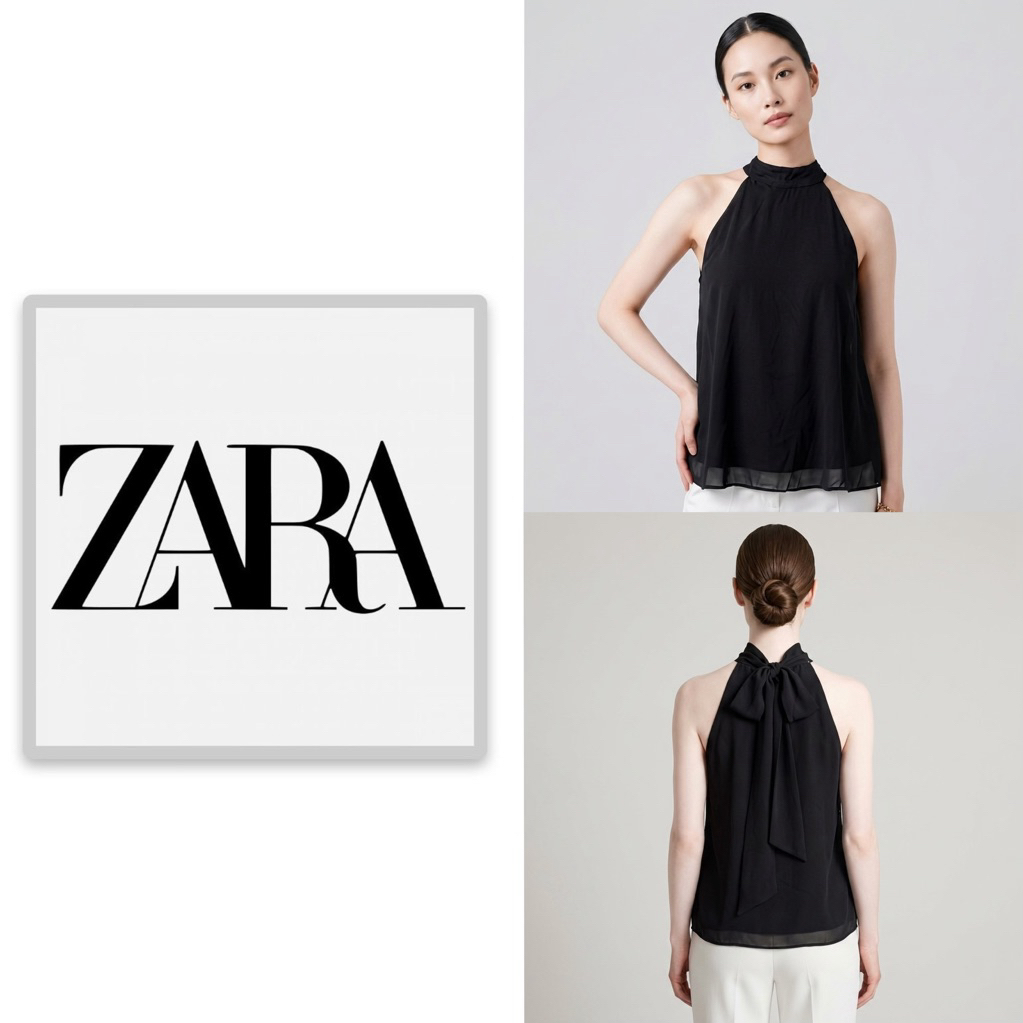 Zara trf colletion (XX108) เสื้อเเขนกุด ผู้ญิง สีดำ ของแท้ สามารถปรับสายผูกโบว์ตรงคอได้
