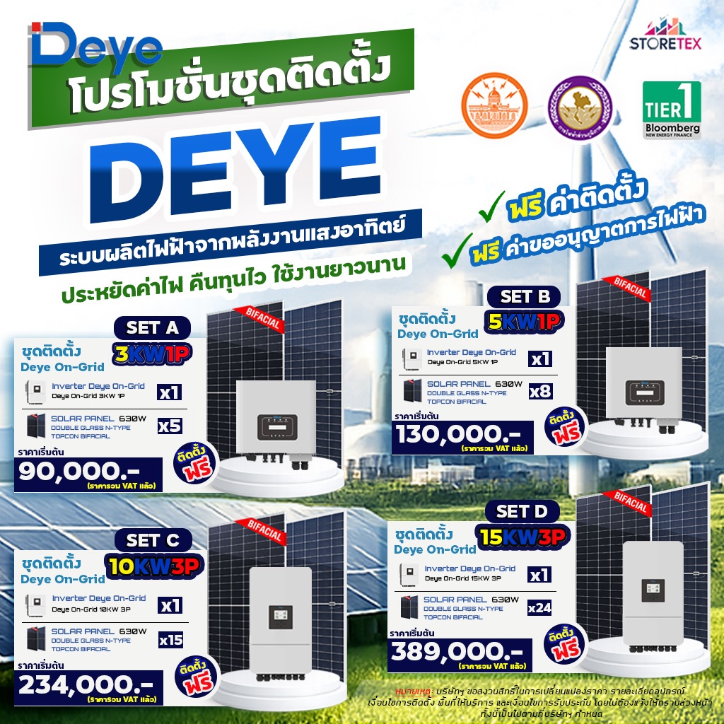 Deye Ongrid ชุดโซลาร์เซลล์ 3KW 5KW 10KW 15KW  แผงโซลาร์ TopCon Bifacial อุปกรณ์ครบพร้อมบริการติดตั้ง