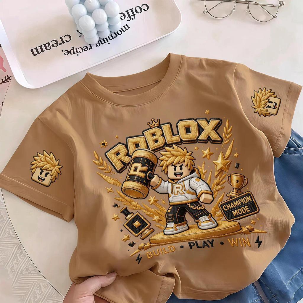 (จัดส่งตลอด 24 ชั่วโมง) เสื้อยืดเด็กผู้ชาย ลาย Roblox แชมป์โหมด ลายปัก3จุด หน้าอก+แขนทั้งสองข้าง ผ้านุ่มระบายเหงื่อ