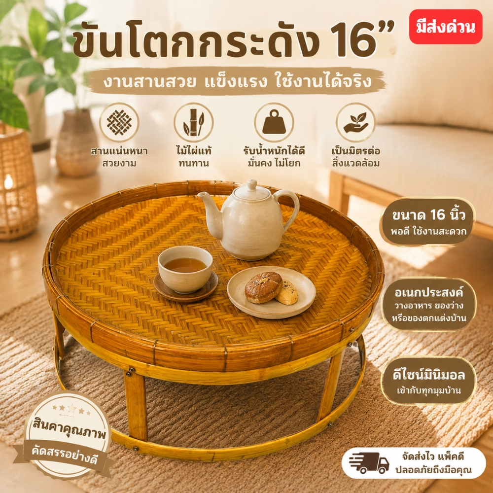 ขันโตกกระด้ง กว้าง 16 นิ้ว สูง 5-6 นิ้ว ขันโตก งานไม้แท้ ใช้จัดอาหาร/หน้าร้าน (ขันโตกด้ง16นิ้ว)