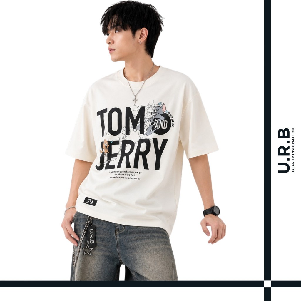 URBAN : STREET OVERSIZED TEE TOM AND JERRY เสื้อยืดโอเวอร์ไซส์ UNISEX รุ่น 1FLTJMT5011 สี ครีม - Cream