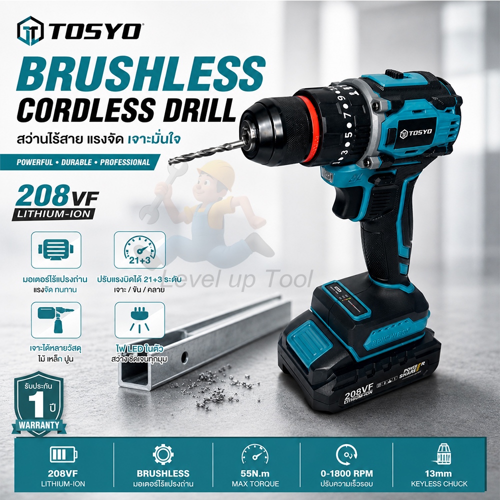 (โปร++ซื้อ 1 แถม 1 ) TOSYO สว่านไฟฟ้าไร้สาย 208V รูปที่ 4