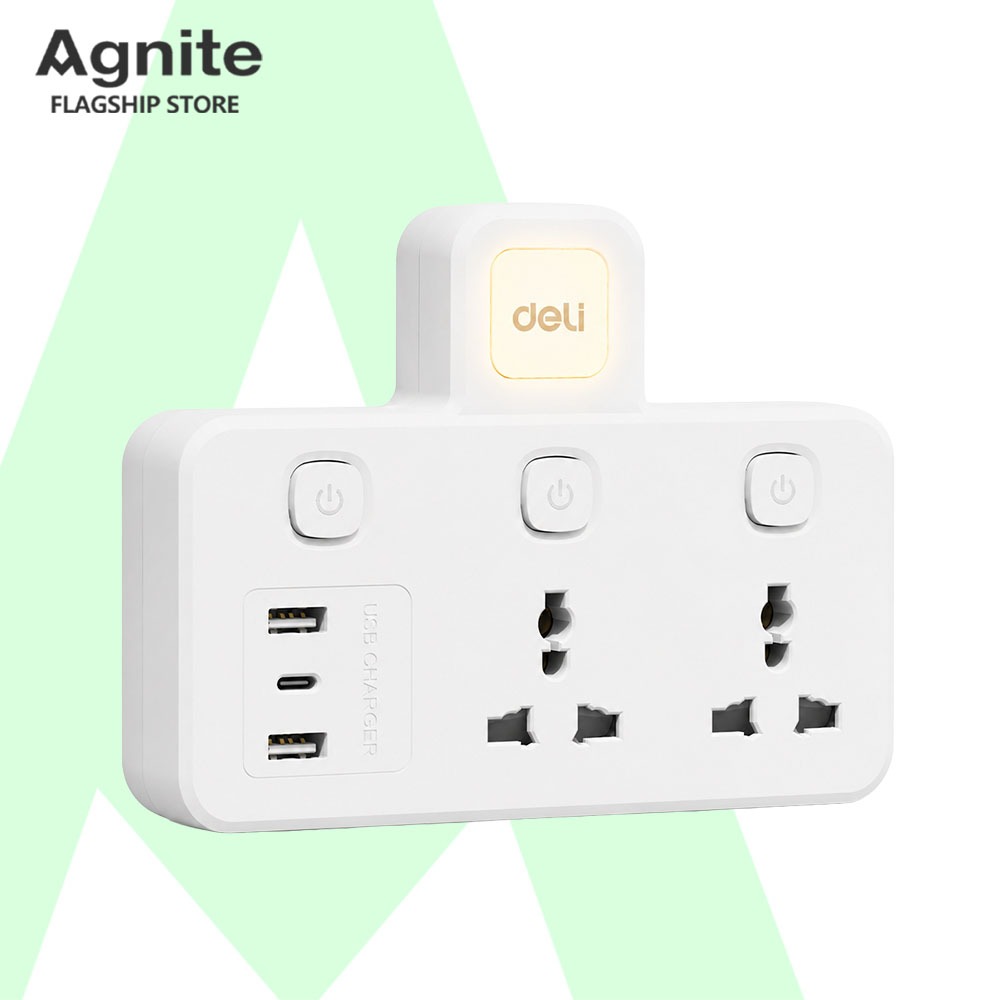 Agnite อะแดปเตอร์ ปลั๊กแปลง 2ช่อง 3ช่อง มีช่องUSB ไฟในตัว 2500W 10A ทนไฟ พกพาง่าย Universal Adapter
