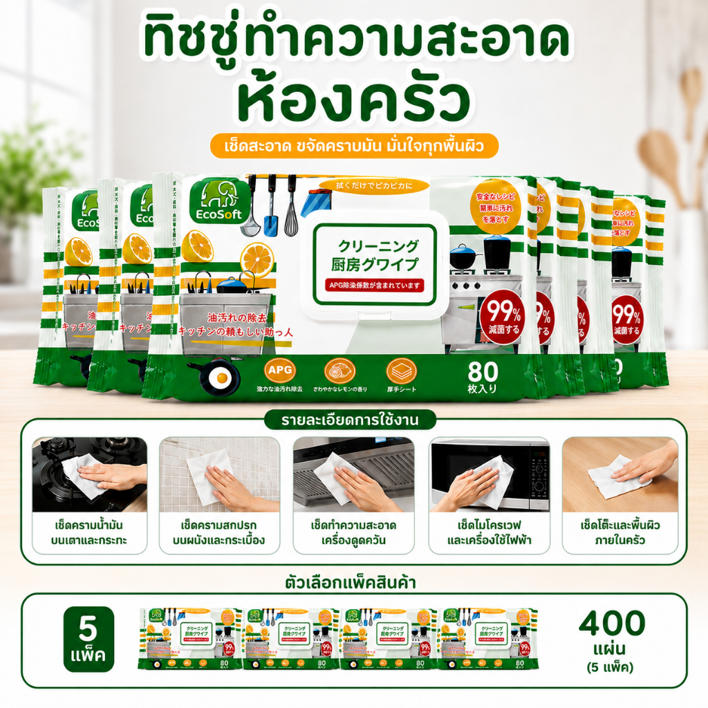 E_items ทิชชู่เปียกเช็ดครัวสไตล์ญี่ปุ่น เซ็ต 5 แพ็ค สลายคราบเหนียว ดักจับฝุ่นและคราบมัน[คุ้มที่สุด!]