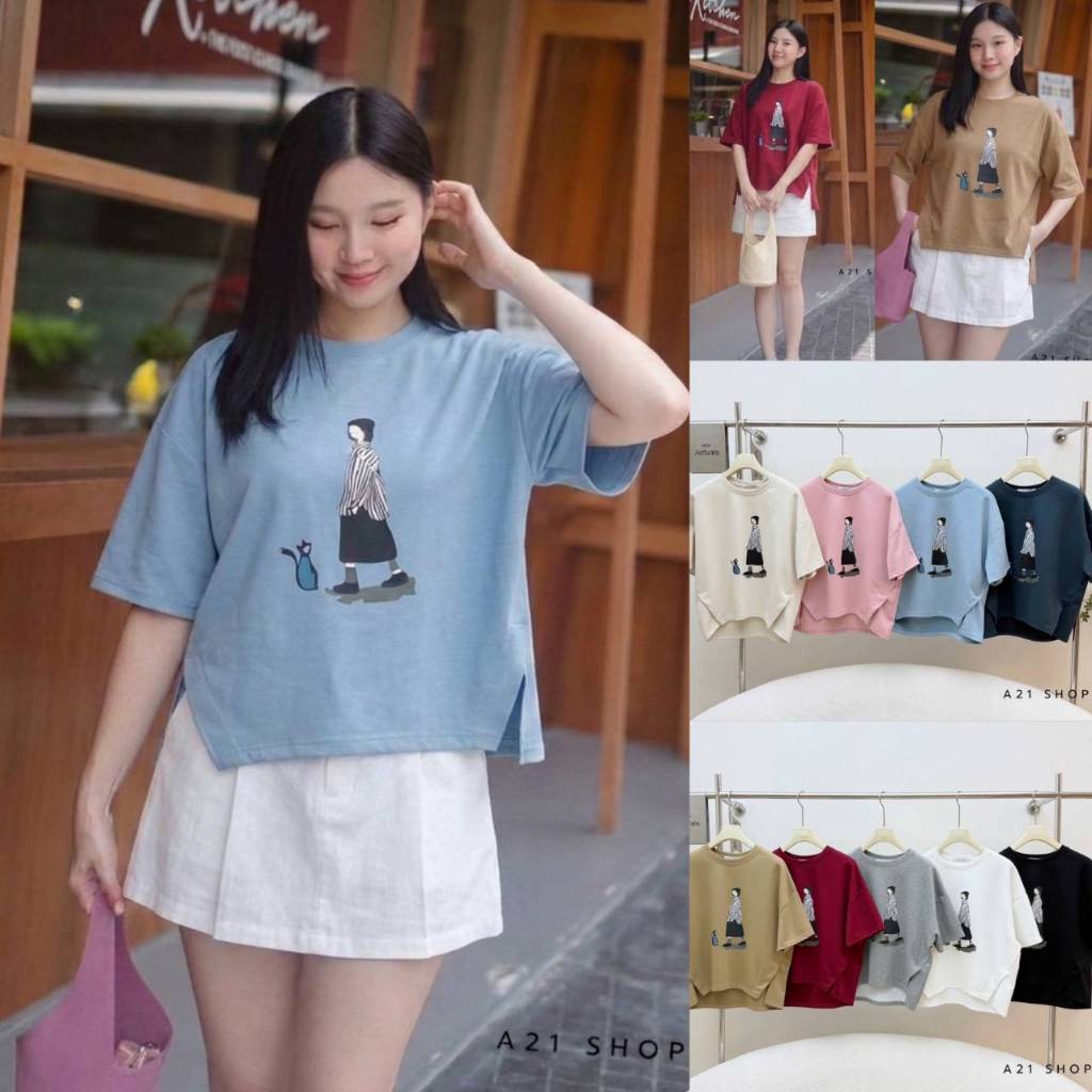 A408 คอกลมสกรีนลายขาวดำ