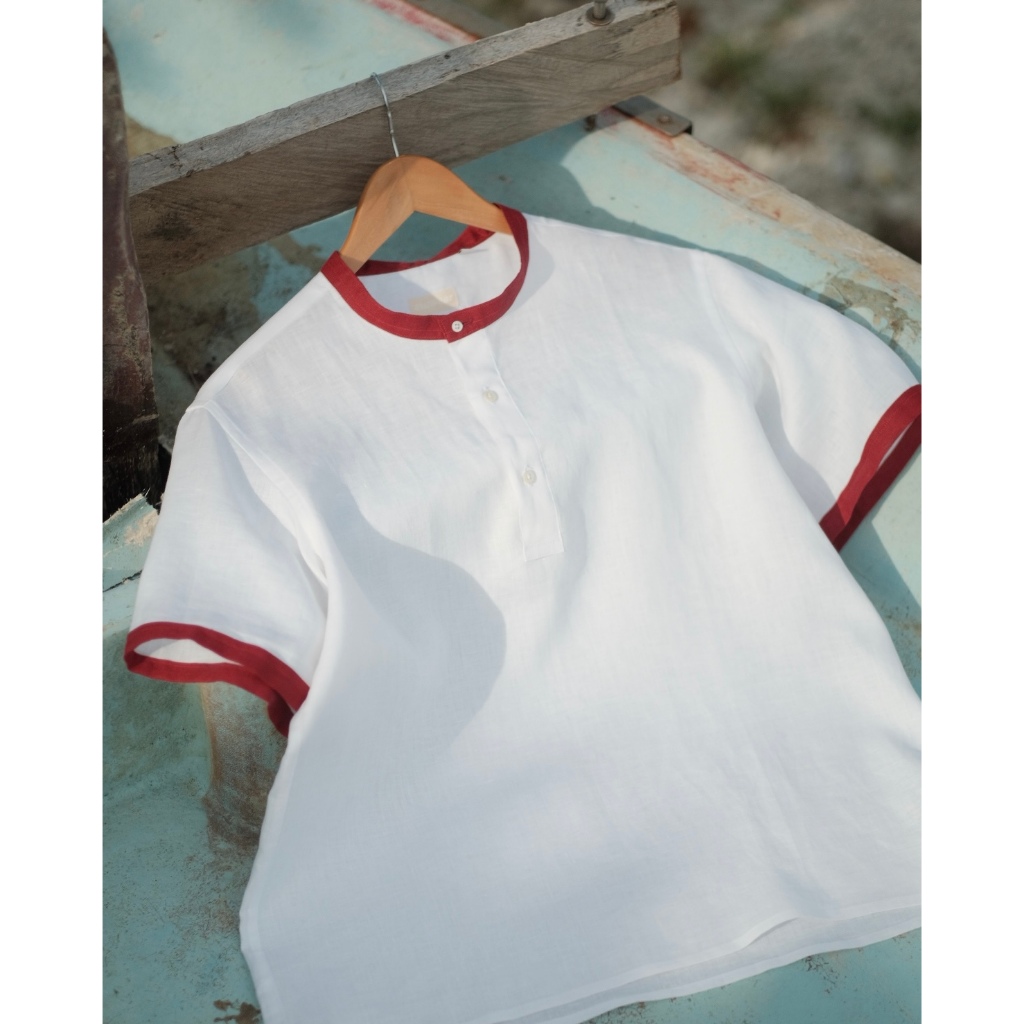 white red linen ringer henley shirt เฮนลีย์เชิ้ตลินินขาวขอบแดง