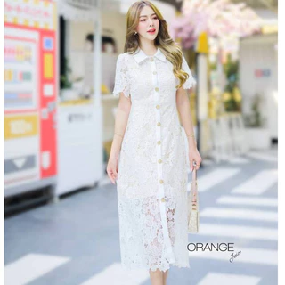 เดรสยาวลูกไม้ขาว คอปก กระดุมทอง เรียบร้อยเหมาะกับทุกโอกาส OR8890