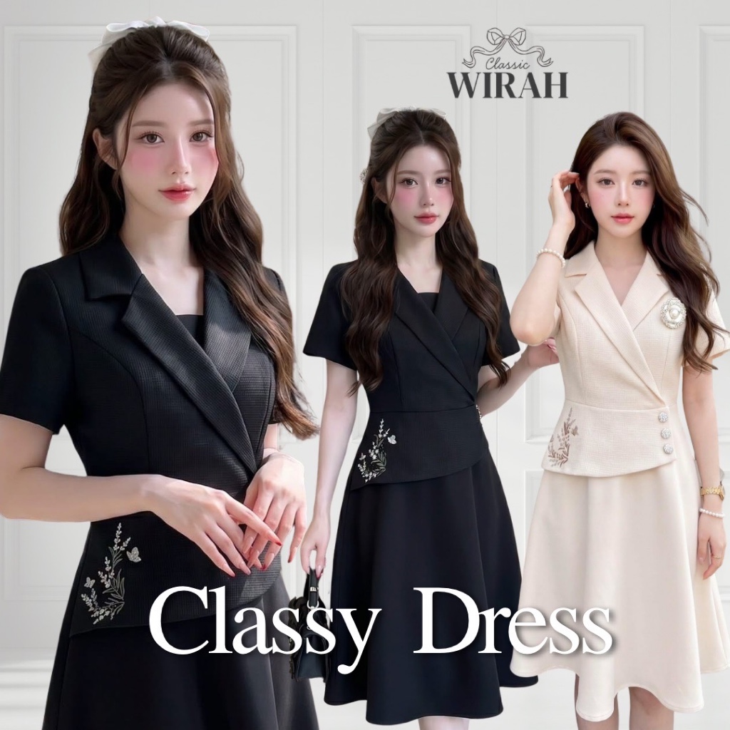 DW482 ClassyDress ชุดเดรสสั้น ปกเทเลอร์ผ้าทอทวีตทอลายตารางเล็กผสมเส้นด้ายกรีตเตอร์ พร้อมเข็มกลัดดอกคามิเลียClassy Dress