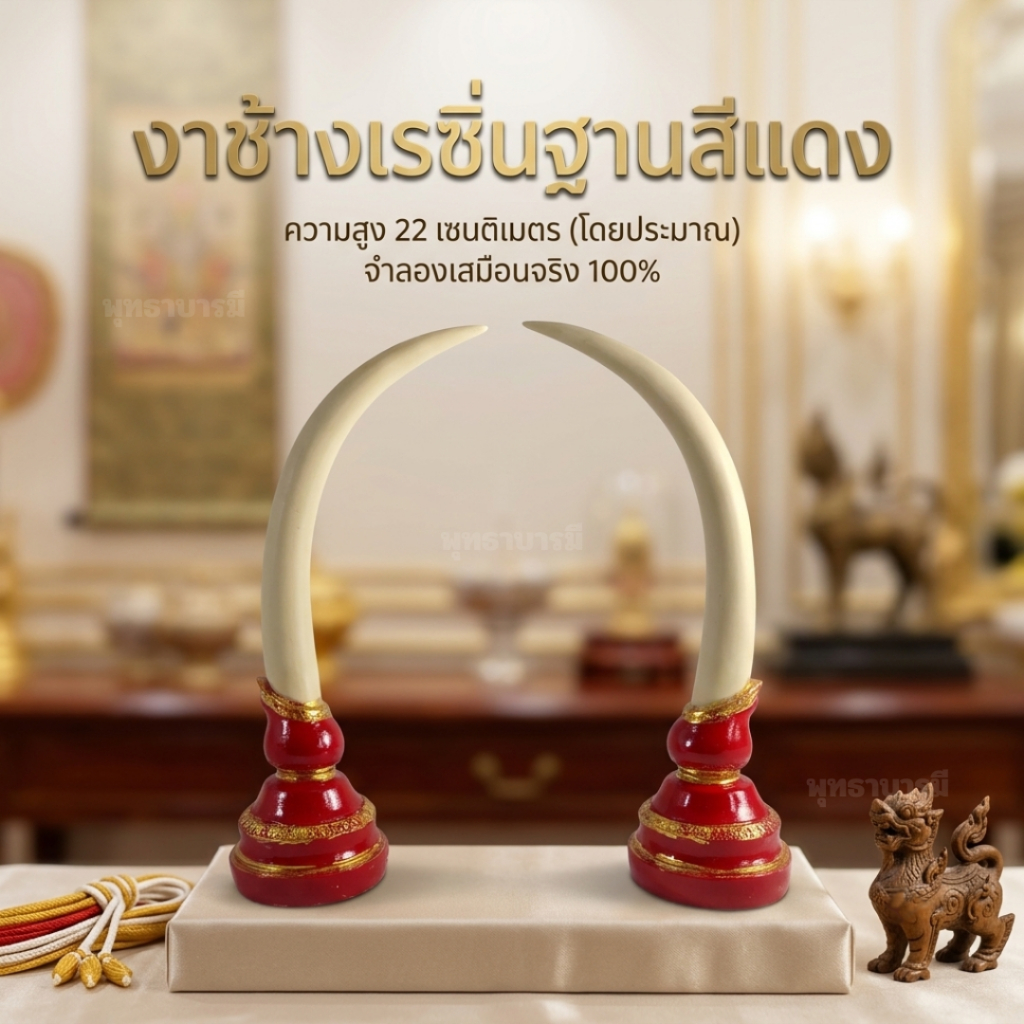 งาช้างเรซิ่น ขนาดใหญ่ ฐานสีแดง ประดับและเป็นพุทธบูชาหิ่งพระหรือโต๊ะพระ เสริมมงคล ปกป้อง - พุทธาบารมี