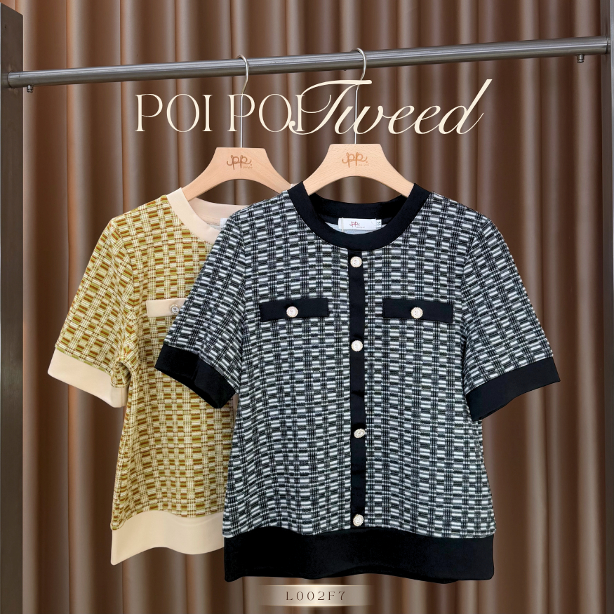 POI Tweed เสื้อผ้าทอคอกลมแขนสั้นแต่งกระดุม ผ้ายืดนุ่มสีดำ เขียว L002F7