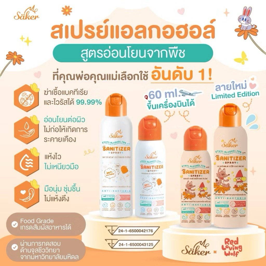 Saker รุ่นใหม่ (ขวดเล็ก 60ML /ขวดใหญ่ 200ML) สเปรย์แอลกอฮอล์พืชธรรมชาติ ฟู้ดเกรดทำความสะอาดมือ,สิ่งของเกรดสัมผัสอาหารได้