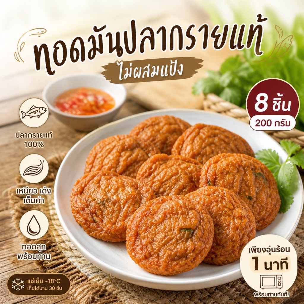 ทอดมันปลากรายแท้ 8 ชิ้น ไม่ใส่วัตถุกันเสีย สดใหม่ พร้อมทานใน 2 นาที เพียงอุ่นร้อนกับไมโครเวฟ